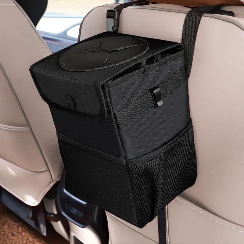 YOURKARTS.COM Car Car Hanging Trash Can with Lid | Waterproof Car Garbage Bin with Storage Pockets | Leakproof Foldable Waste Container for Backseat & Front Seat | Car Organizer for Trash & Essentials - Image 1