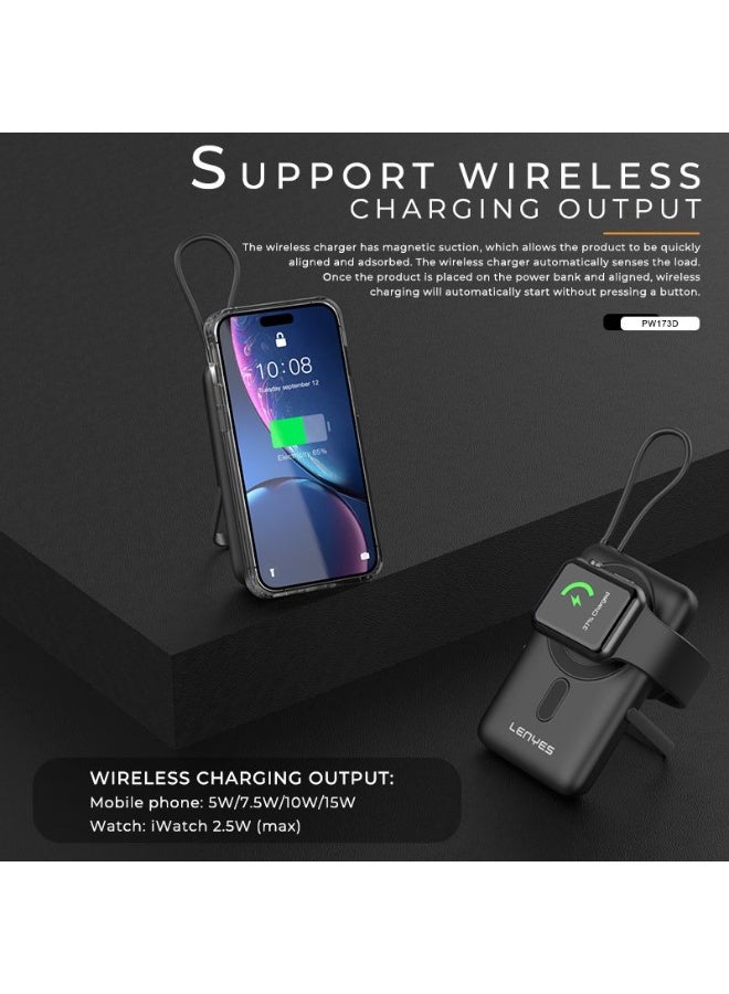 LENYES PW173D 3-in-1 10,000mAh Wireless Power Bank – Fast Charging for iPhone, Apple Watch & Earbuds, 15W Wireless, 20W Type-C, Magnetic Stand - Image 3