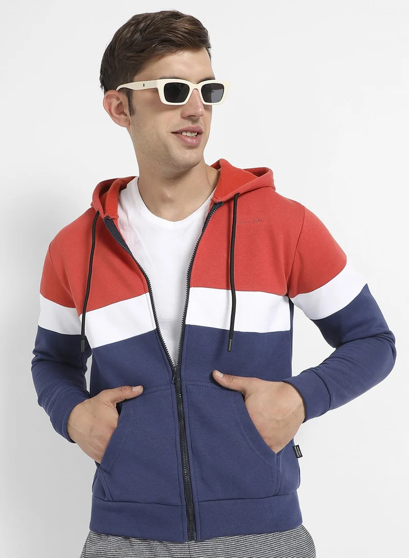 Campus Sutra Men's Multicolour Zip Front Hoodie With Contrast Panels For Casual Wear | Hooded Neck | Long Sleeve | Zipper Closure | Cotton Sweatshirt Crafted With Comfort Fit For Everyday Wear