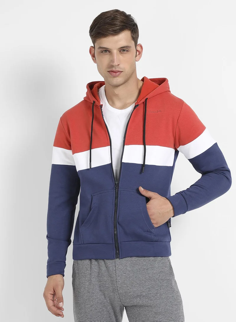 Campus Sutra Men's Multicolour Zip Front Hoodie With Contrast Panels For Casual Wear | Hooded Neck | Long Sleeve | Zipper Closure | Cotton Sweatshirt Crafted With Comfort Fit For Everyday Wear