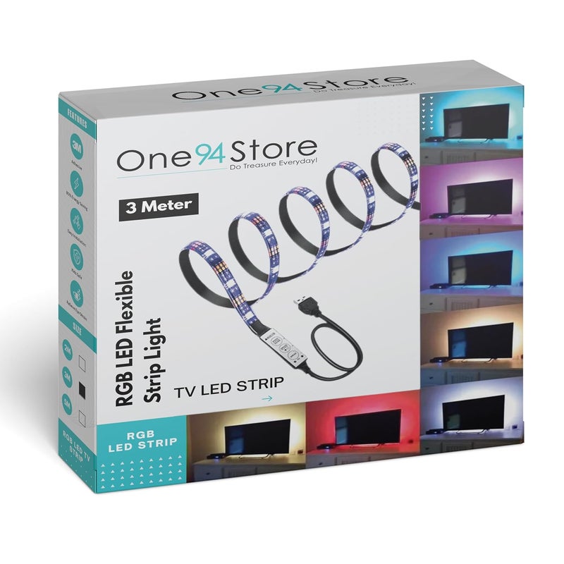 One94Store شريط إضاءة LED RGB بطول 3م - يعمل بالطاقة عبر USB 5V مع وحدة تحكم صغيرة لتزيين خلفية التلفاز، مكتب الألعاب، غرفة النوم، الكمبيوتر، الشاشة، المرآة والغرفة - Image 1