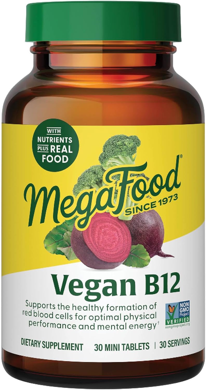 Nan MegaFood Vegan B12 Supplement with B6 Vitamins & Folic Acid - 30 Mini Tablets for Energy and Blood Cell Support - Image 1