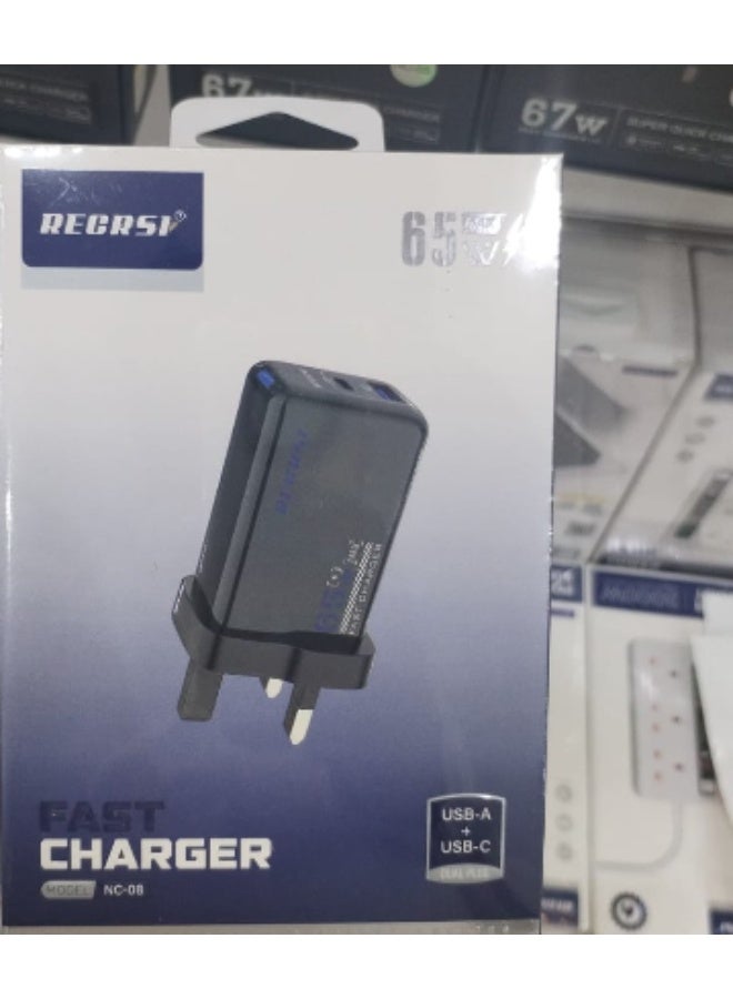 Recrsi brand fast charger with a power of 65 watts.