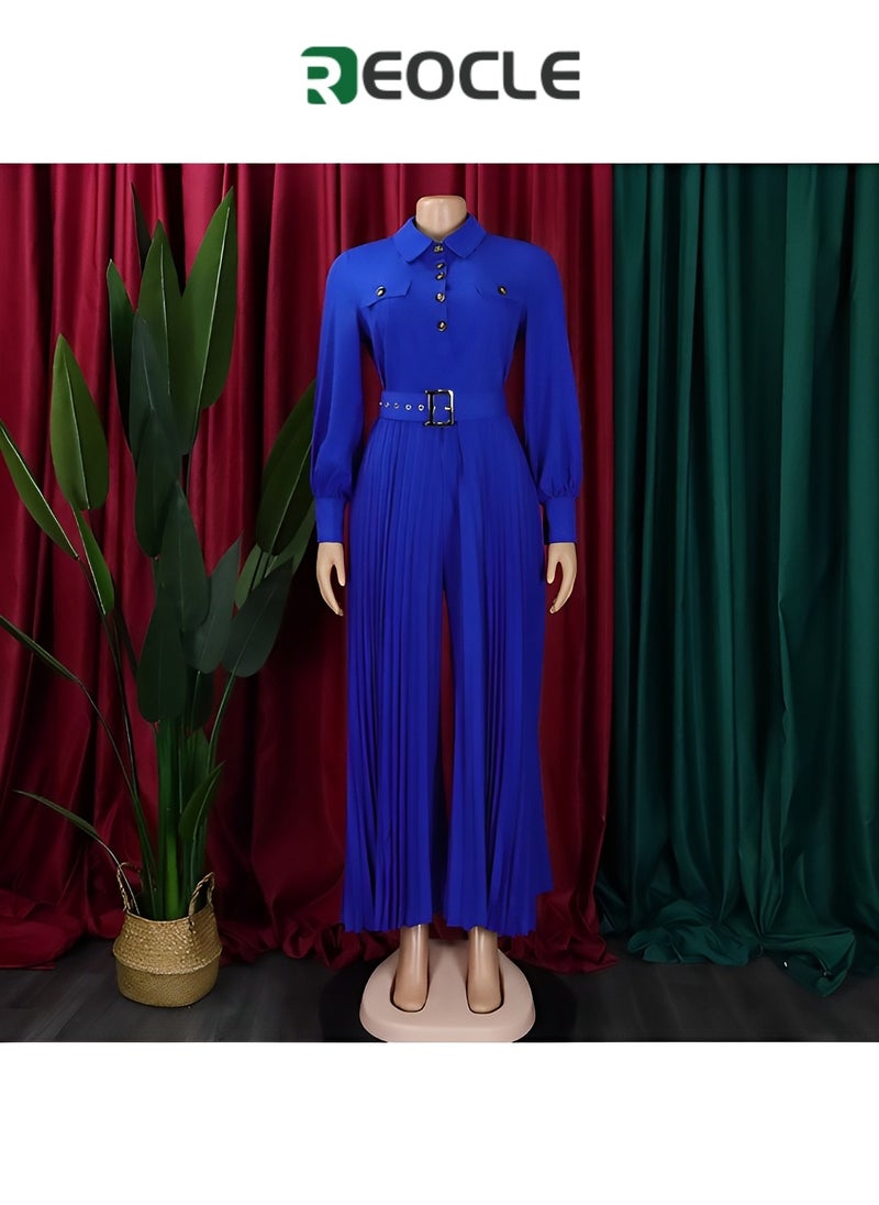 REOCLE Personalized Button Design New Long-sleeved Casual Loose Pleated Wide-leg Women's Fashion Elastic Belt Jumpsuit  - Image 3