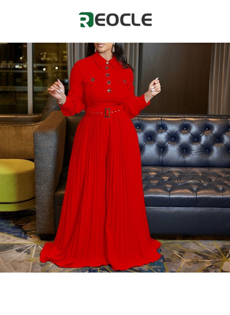 REOCLE Personalized Button Design New Long-sleeved Casual Loose Pleated Wide-leg Women's Fashion Elastic Belt Jumpsuit  - Image 4