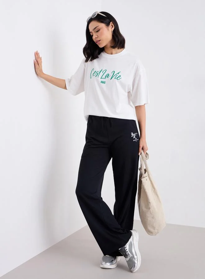 Embroidered Slogan Oversized 100% Cotton T-Shirt