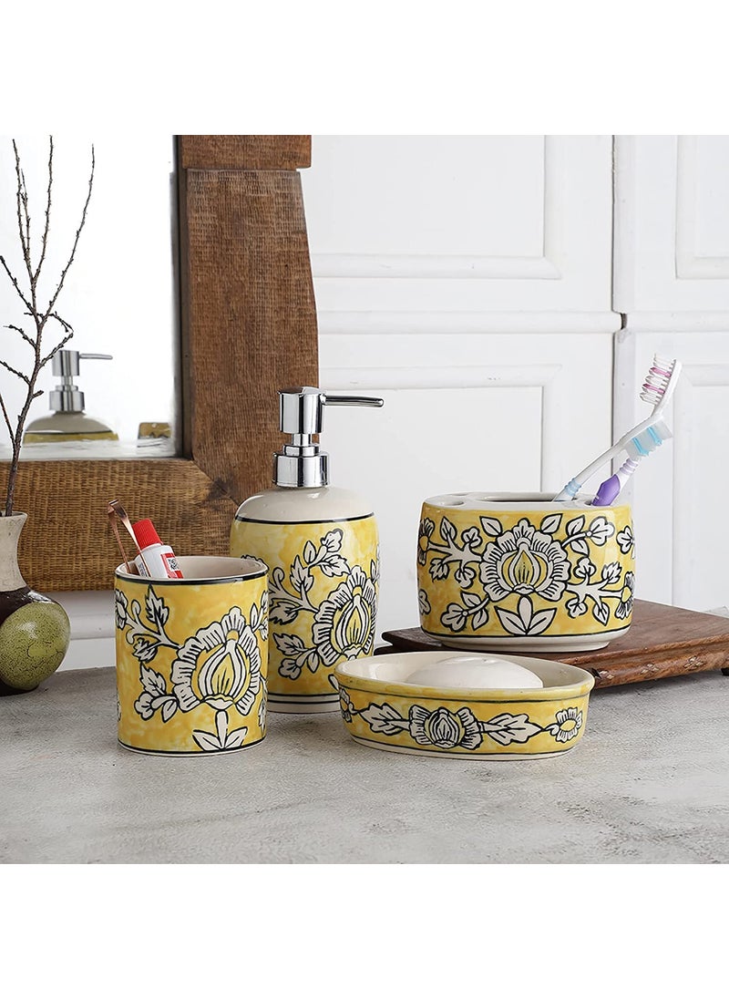 The Decor Lane - The Decor Lane Handpainted Ceramic Bathroom Accessories Set of 4 (Liquid Soap Dispenser, Soap Tray, Toothbrush Holder, Tumbler) (Yellow Floral) - Image 1