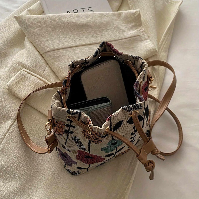 sunaeset cute bucket bags for women, kawaii small floral tote bag flower purse, mini embroidery aesthetic boho bag needlepoint barrel drawstring purse - Image 5