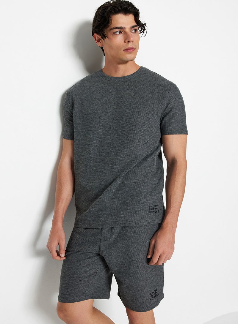 trendyol Anthracite Regular Fit Textured Knitted Shorts Pajamas Set TMNSS23PT00032 - Image 1