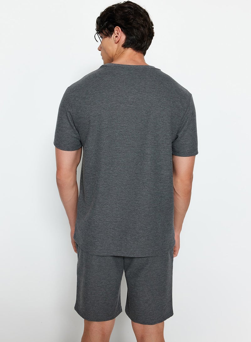 trendyol Anthracite Regular Fit Textured Knitted Shorts Pajamas Set TMNSS23PT00032 - Image 3