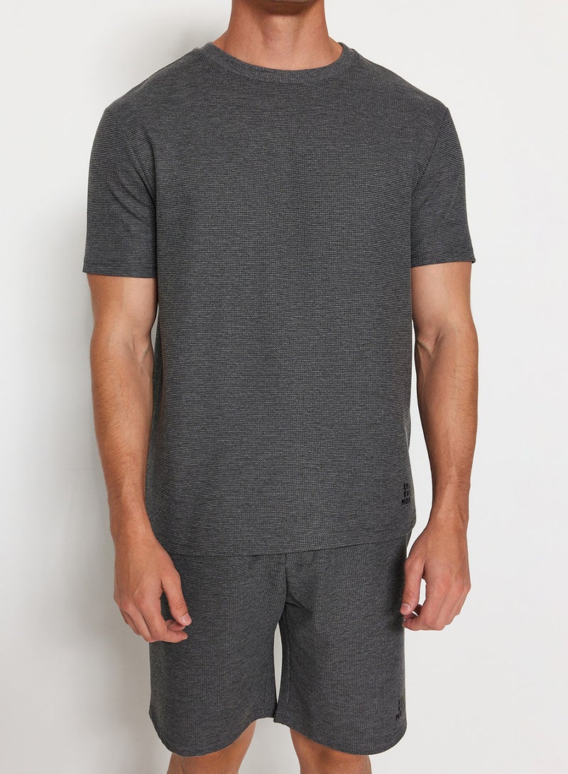 trendyol Anthracite Regular Fit Textured Knitted Shorts Pajamas Set TMNSS23PT00032 - Image 2