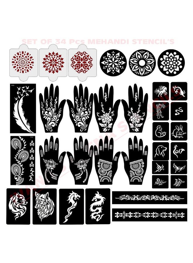 إيفاناز مجموعة إيفانا المكونة من 34 قطعة من قوالب الحناء القابلة لإعادة الاستخدام لليدين والمعصم والجسم والظهر والرقبة والوجه، مجموعة قوالب للنساء والفتيات والأطفال، سهلة الاستخدام في 4 خطوات فقط، مجموعة التصميم الهندي، A2124 - Image 1