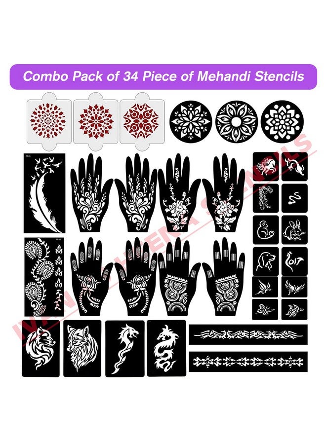 إيفاناز مجموعة إيفانا المكونة من 34 قطعة من قوالب الحناء القابلة لإعادة الاستخدام لليدين والمعصم والجسم والظهر والرقبة والوجه، مجموعة قوالب للنساء والفتيات والأطفال، سهلة الاستخدام في 4 خطوات فقط، مجموعة التصميم الهندي، A2124 - Image 2