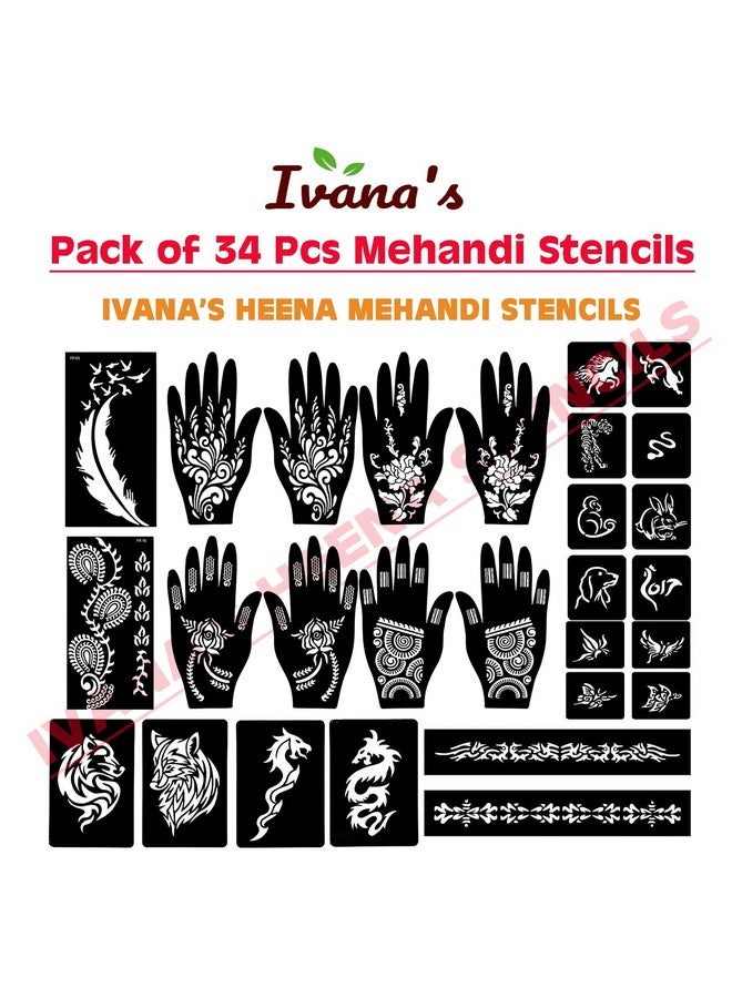 إيفاناز مجموعة إيفانا المكونة من 34 قطعة من قوالب الحناء القابلة لإعادة الاستخدام لليدين والمعصم والجسم والظهر والرقبة والوجه، مجموعة قوالب للنساء والفتيات والأطفال، سهلة الاستخدام في 4 خطوات فقط، مجموعة التصميم الهندي، A2124 - Image 3