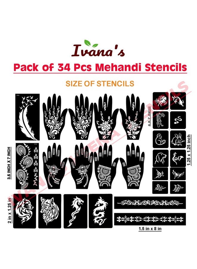 إيفاناز مجموعة إيفانا المكونة من 34 قطعة من قوالب الحناء القابلة لإعادة الاستخدام لليدين والمعصم والجسم والظهر والرقبة والوجه، مجموعة قوالب للنساء والفتيات والأطفال، سهلة الاستخدام في 4 خطوات فقط، مجموعة التصميم الهندي، A2124 - Image 4