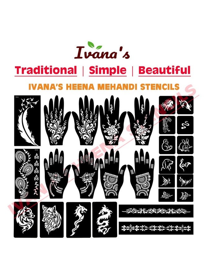 إيفاناز مجموعة إيفانا المكونة من 34 قطعة من قوالب الحناء القابلة لإعادة الاستخدام لليدين والمعصم والجسم والظهر والرقبة والوجه، مجموعة قوالب للنساء والفتيات والأطفال، سهلة الاستخدام في 4 خطوات فقط، مجموعة التصميم الهندي، A2124 - Image 5