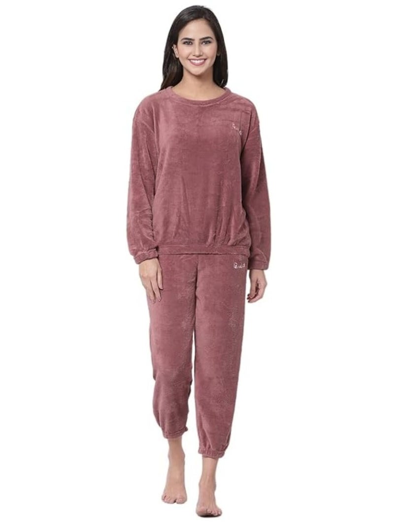 Ukal Combo Pack of 2 Women Winter Nightsuit Ladies Fur Nightwear Warm Night Suit Girls Pyjama Women's Top Pajama Pants Regular Fit Pyjama Set (M, Maroon_Brown) - Image 2