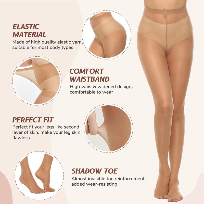 MANZI 6 Pairs Women's 20D Sheer Silky Pantyhose Run Resistant Nylon Tights High Waist Stockings with Control Top (6 Natural,M) - Image 3
