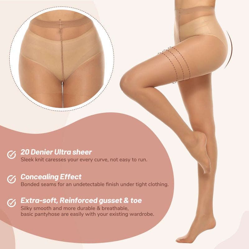 MANZI 6 Pairs Women's 20D Sheer Silky Pantyhose Run Resistant Nylon Tights High Waist Stockings with Control Top (6 Natural,M) - Image 4
