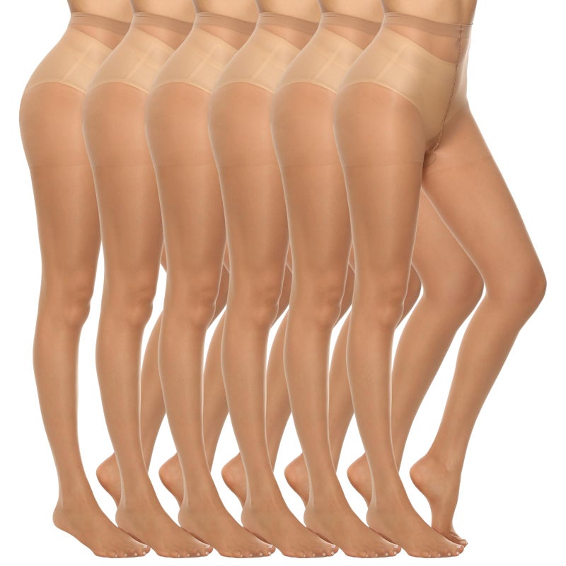 MANZI 6 Pairs Women's 20D Sheer Silky Pantyhose Run Resistant Nylon Tights High Waist Stockings with Control Top (6 Natural,M) - Image 1
