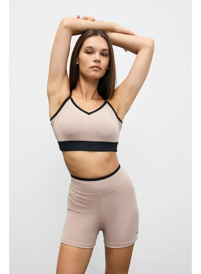 URBAN BEAT STURBAN Women's Stretch and Soft-Textured Contrast Fabric Strappy Mink Sports Bra.