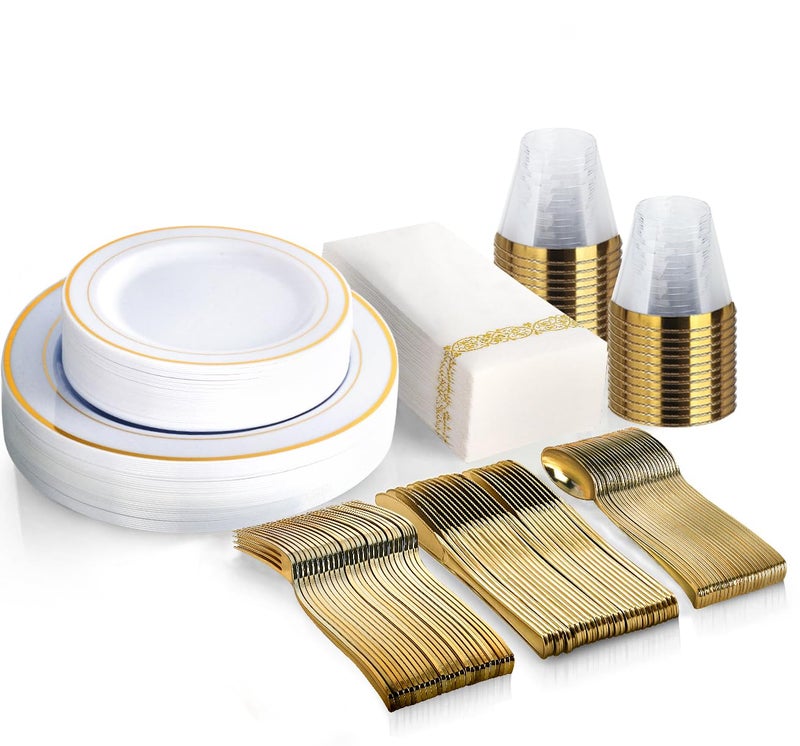 M MCIRCO 175 Piece Gold Dinnerware Set  50 Gold Rim Plastic Plates  25 Gold Plastic Silverware  25 Gold Plastic Cups  25 Gold Paper Napkins 25 Guest Disposable Gold Dinnerware Set