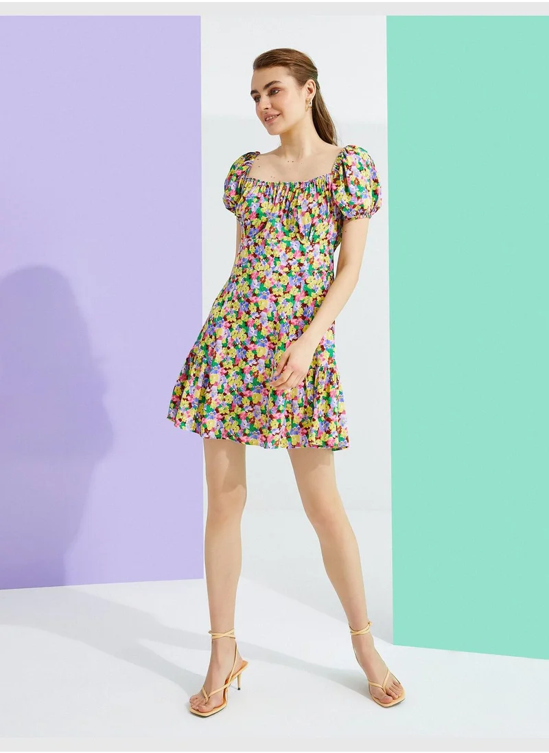 KOTON Floral Dress Short Sleeve Square Neck Mini