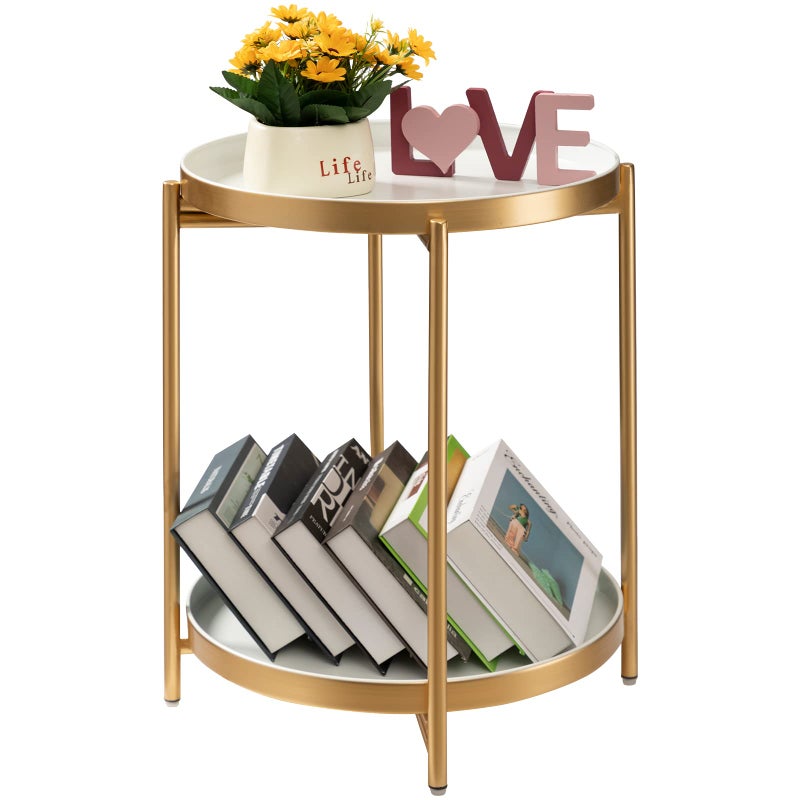 TeoKJ 2 Tier Gold Side Table Folding Round Metal End Table Small Nightstand with Two Removable Tray for Bedroom Living Room Bedside Small Spaces Gold  White