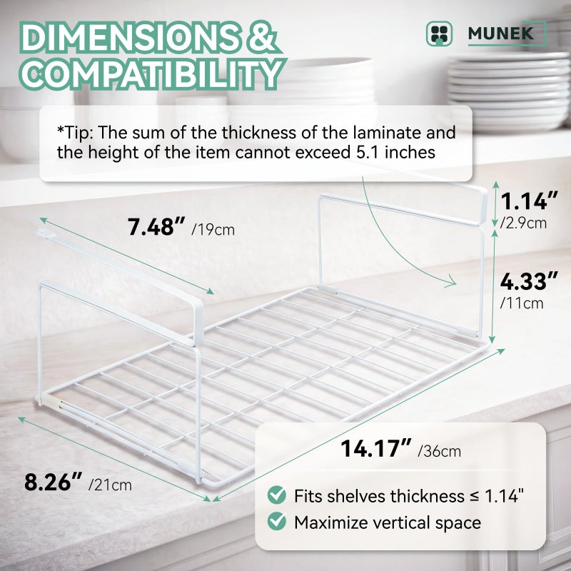 MUNEK Under Shelf Basket Storage 2 Pack White Space-Saving with Extra Layer Lightweight & Quick to Install Non-Slip16.1" D x 8.46" W - Image 4