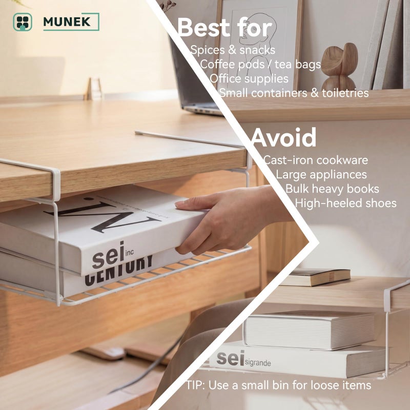 MUNEK Under Shelf Basket Storage 2 Pack White Space-Saving with Extra Layer Lightweight & Quick to Install Non-Slip16.1" D x 8.46" W - Image 3