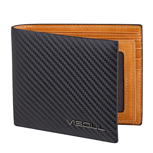 VISOUL Mens Carbon Fiber Leather Bifold Wallet with 2 ID Windows, RFID Blocking Stylish Wallet for Men with 2 Cash Compartments (Black+Yellow) - Image 1