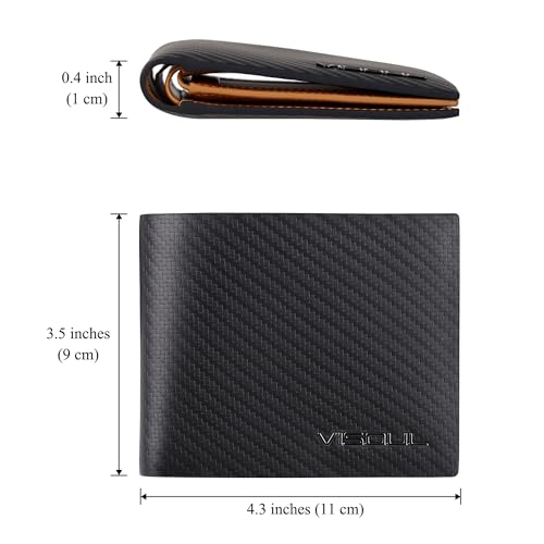 VISOUL Mens Carbon Fiber Leather Bifold Wallet with 2 ID Windows, RFID Blocking Stylish Wallet for Men with 2 Cash Compartments (Black+Yellow) - Image 4