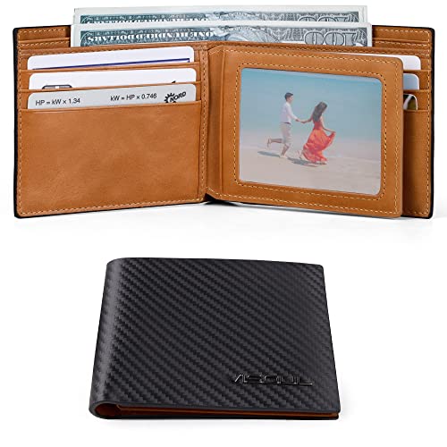VISOUL Mens Carbon Fiber Leather Bifold Wallet with 2 ID Windows, RFID Blocking Stylish Wallet for Men with 2 Cash Compartments (Black+Yellow) - Image 2