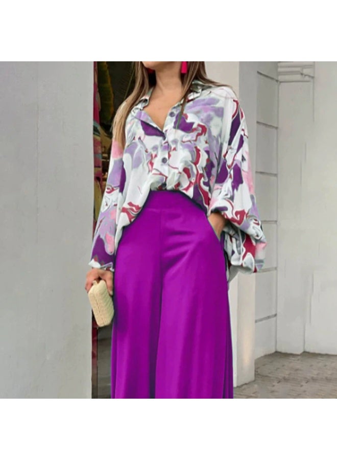 general 2025-2026 eBay Printed Shirt and Elegantly Casual Wide Leg Pants Fashion Set - Image 1