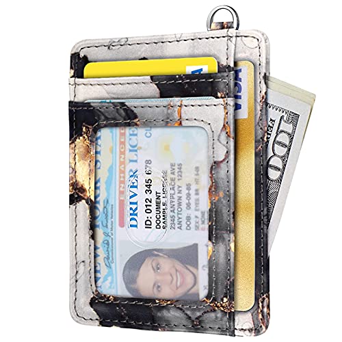 Coco Rossi Slim Front Pocket Wallet RFID ID Card Holder Cute Small Wallet with Keychian for Women,Grey Marble - Image 2