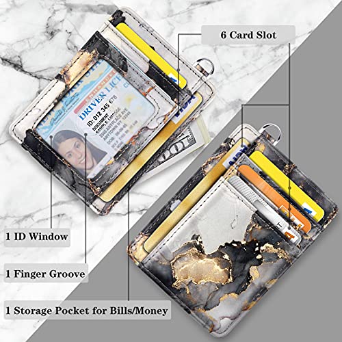 Coco Rossi Slim Front Pocket Wallet RFID ID Card Holder Cute Small Wallet with Keychian for Women,Grey Marble - Image 3