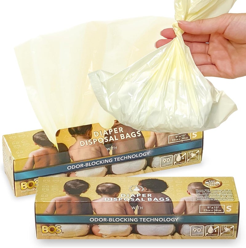 BOS أكياس القمامة للحفاضات المتسخة من BOS مع تقنية إغلاق الروائح، خالية من الرائحة، لون كريمي أصفر، عبوة من 2 - Image 1