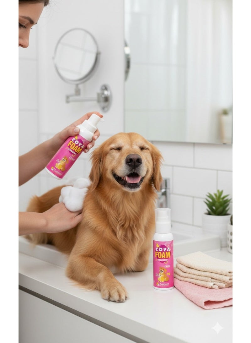 كوفا شامبو كوفا فوم (Cova Foam) الجاف للكلاب والقطط – رغوة استحمام سريعة بدون شطف – تنظيف وإزالة روائح بدون عناء – غني بالزيوت الأساسية والبيوتين لمعطف صحي – 250 مل برائحة الحلوى - Image 3