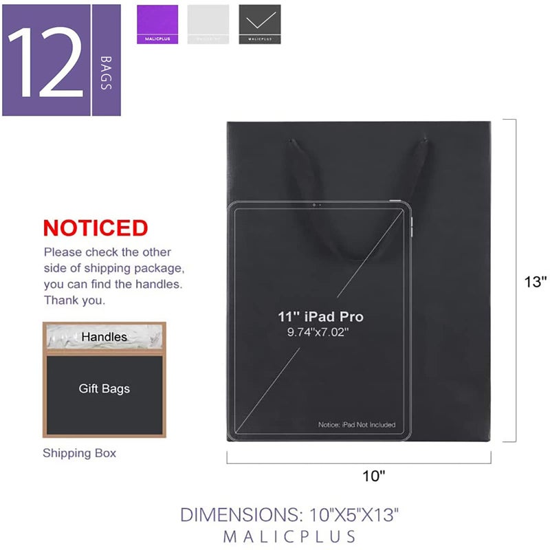 MALICPLUS 12 Large Gift Bags 10x5x13 Inches, Premium Matte Black Large Gift Bags with Handles for All Occasions (Grain Textured Finish) - Image 2