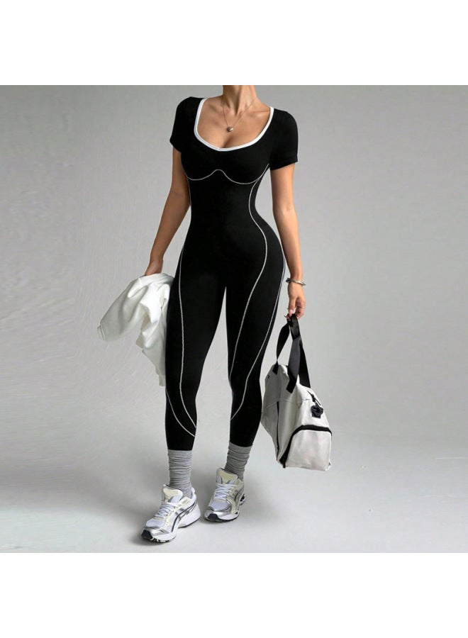 European And American Color-blocked Bodysuit Women's Long-length Outerwear Peach One-piece Yoga Wear Outdoor Sports Jumpsuit