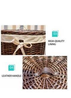Golden Rattan Laundry Basket Household Dirty Clothes Hamper Round Wicker Woven Storage Basket with Lining and Lid for Clothes, Toys & Sundries for Bedroom Bathroom Laundry Room and Balcony, 2pcs (A-Brown)  - Image 5