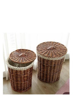 Golden Rattan Laundry Basket Household Dirty Clothes Hamper Round Wicker Woven Storage Basket with Lining and Lid for Clothes, Toys & Sundries for Bedroom Bathroom Laundry Room and Balcony, 2pcs (A-Brown)  - Image 1