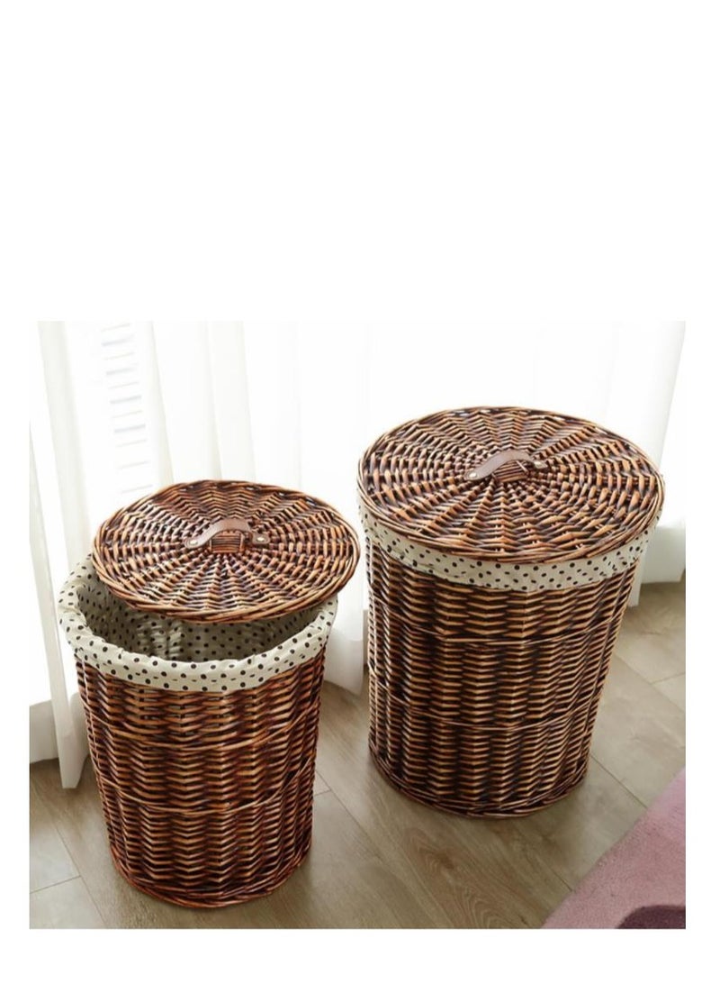 Rattan Laundry Basket Household Dirty Clothes Hamper Round Wicker Woven Storage Basket with Lining and Lid for Clothes, Toys & Sundries for Bedroom Bathroom Laundry Room and Balcony, 2pcs (A-Brown)
