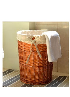 Golden Rattan Laundry Basket Household Dirty Clothes Hamper Round Wicker Woven Storage Basket with Lining and Lid for Clothes, Toys & Sundries for Bedroom Bathroom Laundry Room and Balcony, 2pcs (A-Brown)  - Image 3