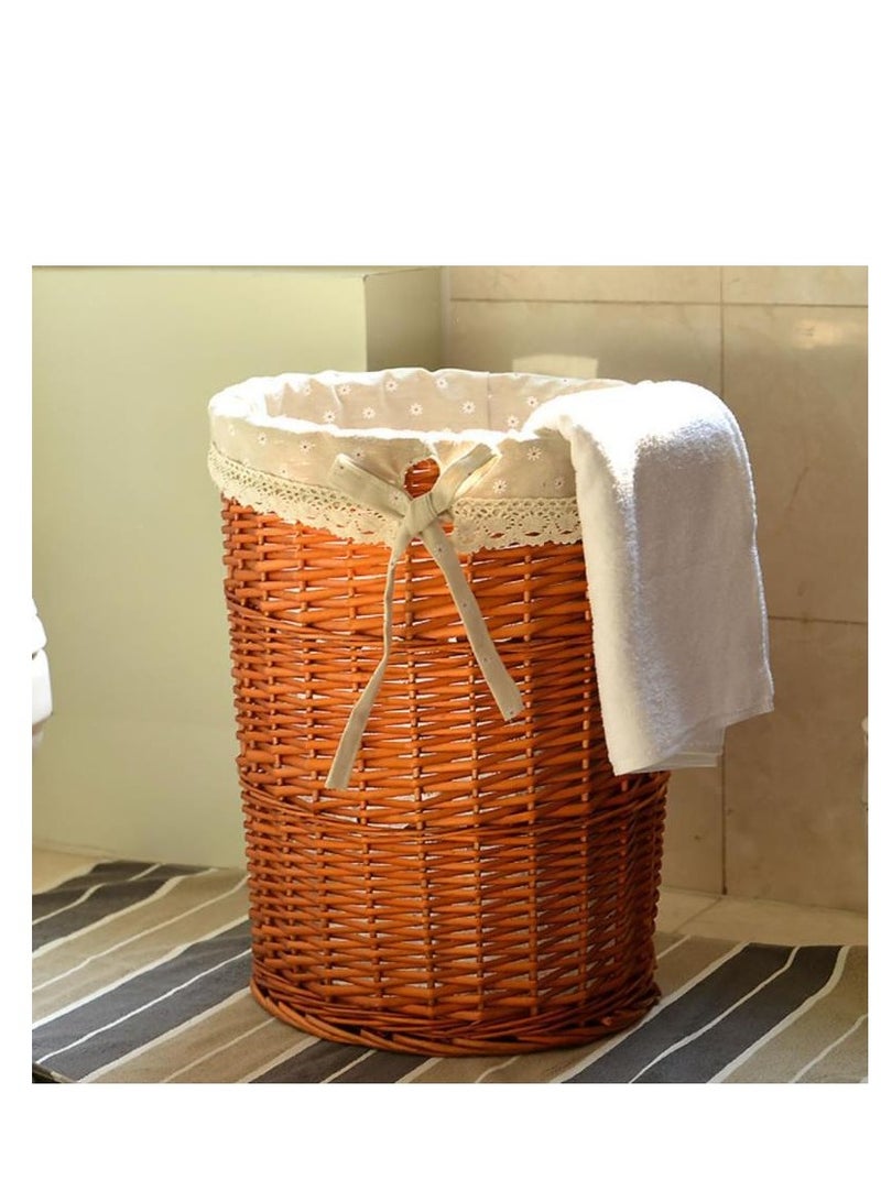 Rattan Laundry Basket Household Dirty Clothes Hamper Round Wicker Woven Storage Basket with Lining and Lid for Clothes, Toys & Sundries for Bedroom Bathroom Laundry Room and Balcony, 2pcs (A-Brown)