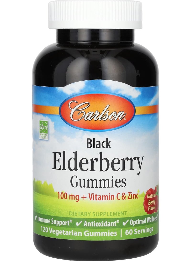 Black Elderberry Gummies + Vitamin C & Zinc, Natural Berry, 100 mg, 120 Vegetarian Gummies (50 mg per Gummy)
