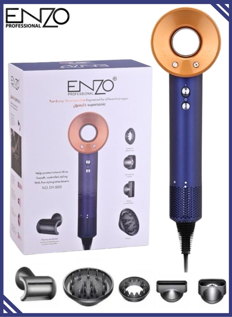 إنزو مجفف شعر إنزو بروفيشنال سوبرسونيك NO.DY-888 – تجفيف سريع، بدون حرارة مفرطة، مع 5 ملحقات تصفيف، تدفق هواء قوي، وضوضاء منخفضة لجميع أنواع الشعر - Image 1