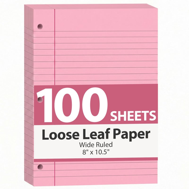HIBOX Pink Loose Leaf Paper, Pink 100 Sheets 8"x10.5" Wide Ruled Filler Lined Notebook Paper, 3-Hole Punched for 3-Ring Binders Notebook, School & College, Women Girls Writing Work Meeting Note Taking - Image 1