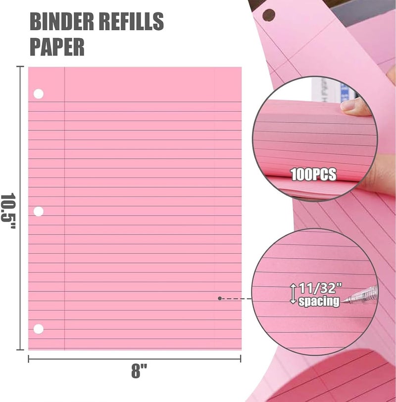 HIBOX Pink Loose Leaf Paper, Pink 100 Sheets 8"x10.5" Wide Ruled Filler Lined Notebook Paper, 3-Hole Punched for 3-Ring Binders Notebook, School & College, Women Girls Writing Work Meeting Note Taking - Image 2