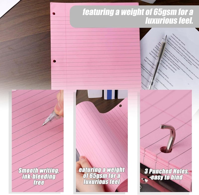 HIBOX Pink Loose Leaf Paper, Pink 100 Sheets 8"x10.5" Wide Ruled Filler Lined Notebook Paper, 3-Hole Punched for 3-Ring Binders Notebook, School & College, Women Girls Writing Work Meeting Note Taking - Image 3